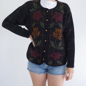 Vintage Crystal-Kobe Floral Plaid Knit Cardigan Sweater S Eclectic Grandpa Fall